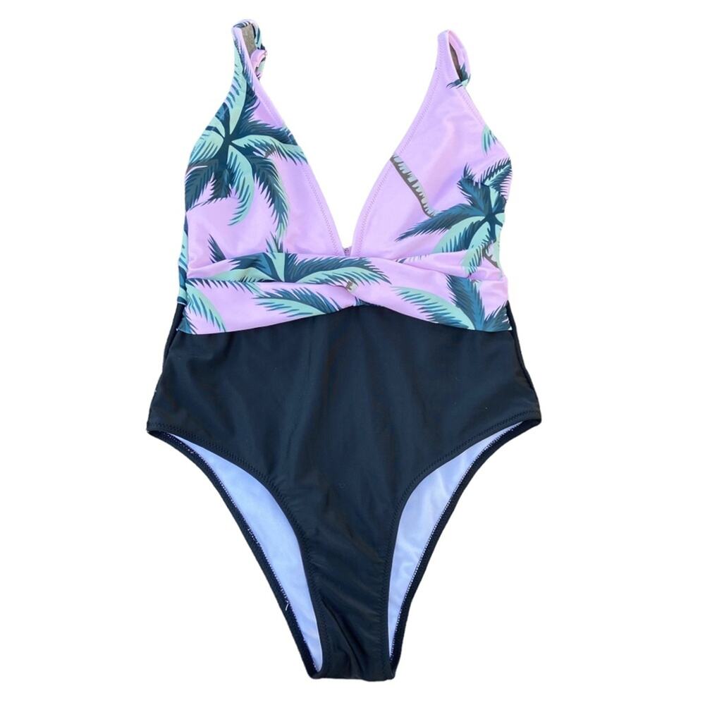 Palm Tree Print Pink & Black Surplice Neckline One Piece Swimsuit Size Small